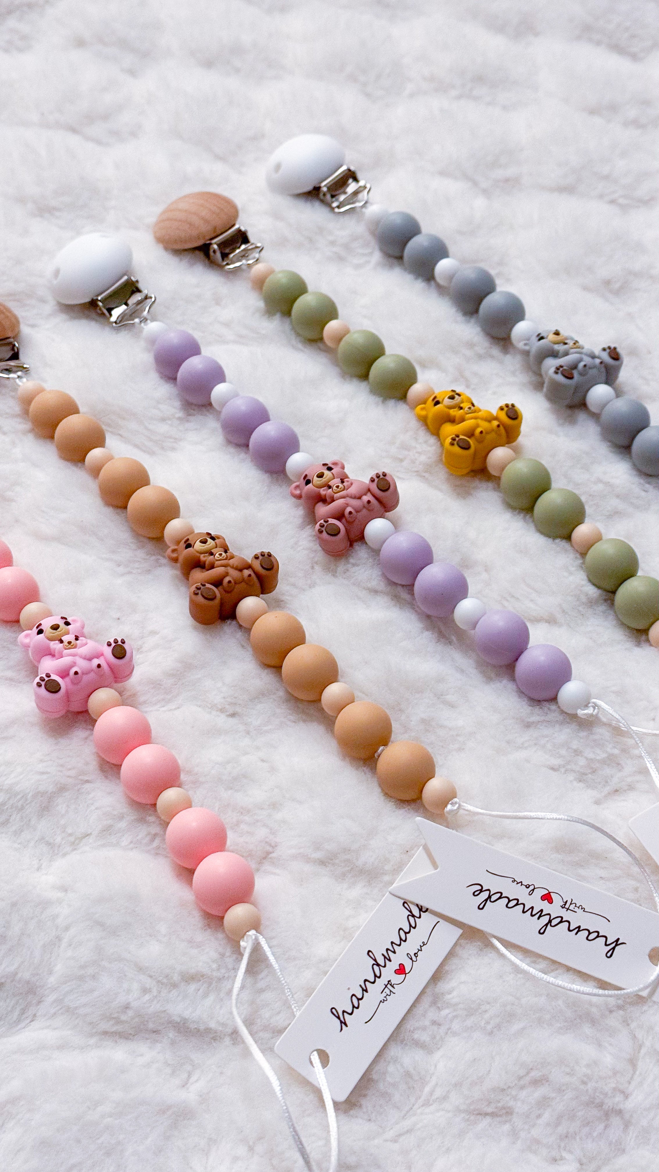 Outseam Pacifier Clip Teddy Bears in Beige — handmade pacifier holder